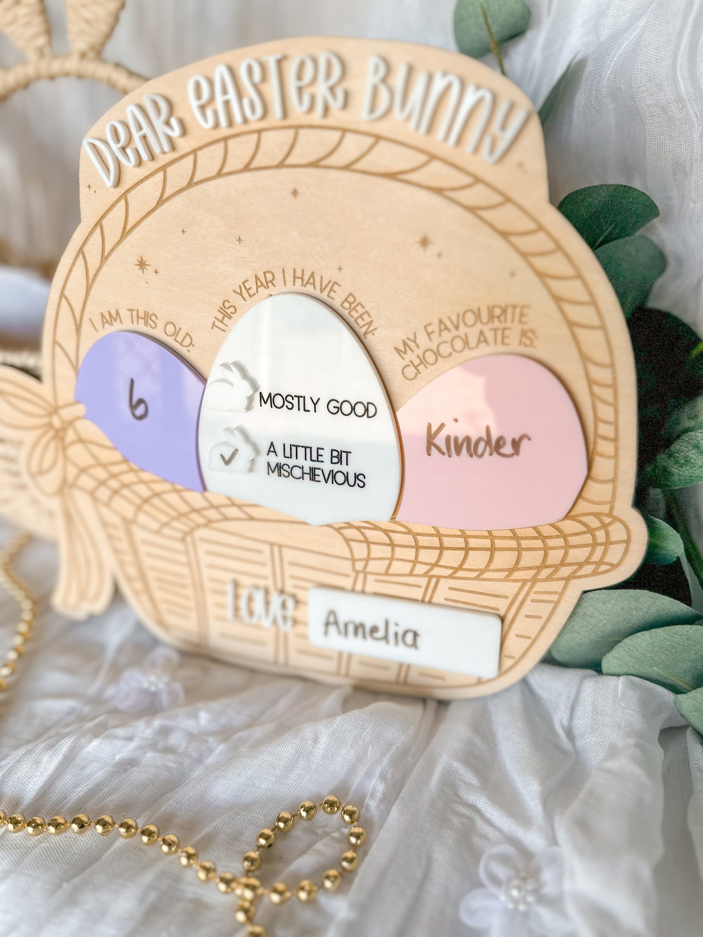 Personalised Wooden Easter Bunny Report Board | Engraved Easter Basket with Acrylic Eggs