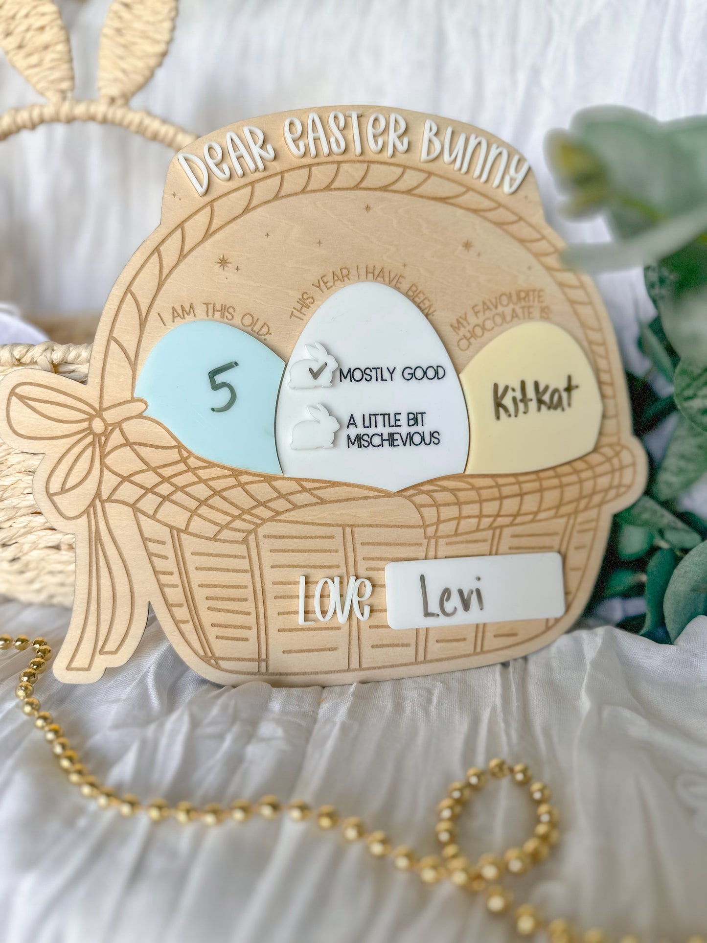 Personalised Wooden Easter Bunny Report Board | Engraved Easter Basket with Acrylic Eggs