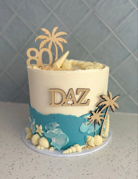 Personalised Wooden Cake Topper Set |Personalised Beach & Palm Tree Wooden Cake Topper Set | Tropical Birthday Cake Decorations | Natural Wooden Party Décor