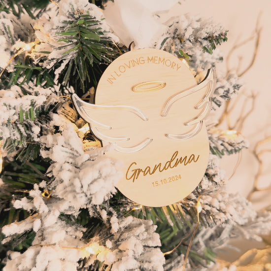 personalised memorial angel wing christmas ornament for christmas tree, mirror acrylic and wooden engraved custom ornament, angel wing and halo design
