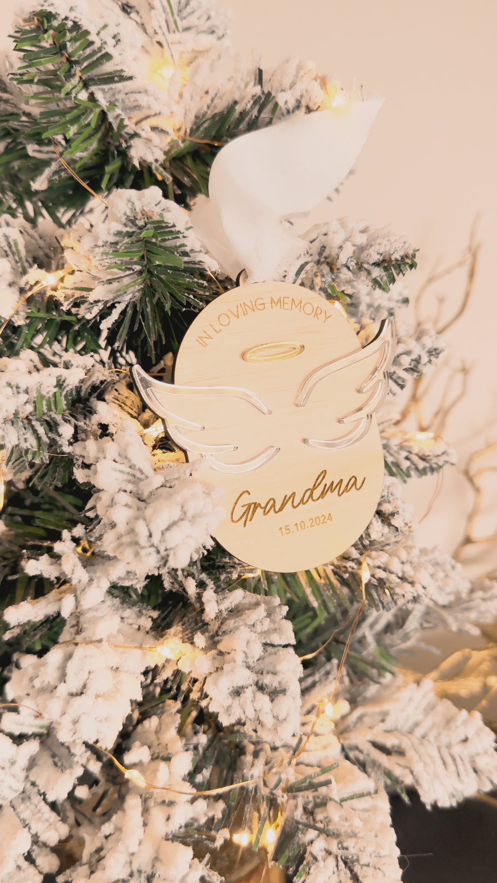 personalised memorial angel wing christmas ornament for christmas tree, mirror acrylic and wooden engraved custom ornament, angel wing and halo design