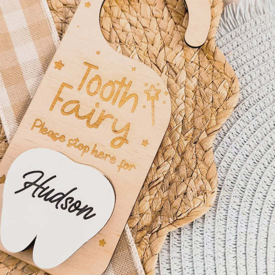kids tooth fairy door hanger with dropbox for tooth and money, tooth fairy sign, please stop here, custom child keepsake, lost tooth, teeth, magical tooth fairy exchange, acrylic, wood, timber