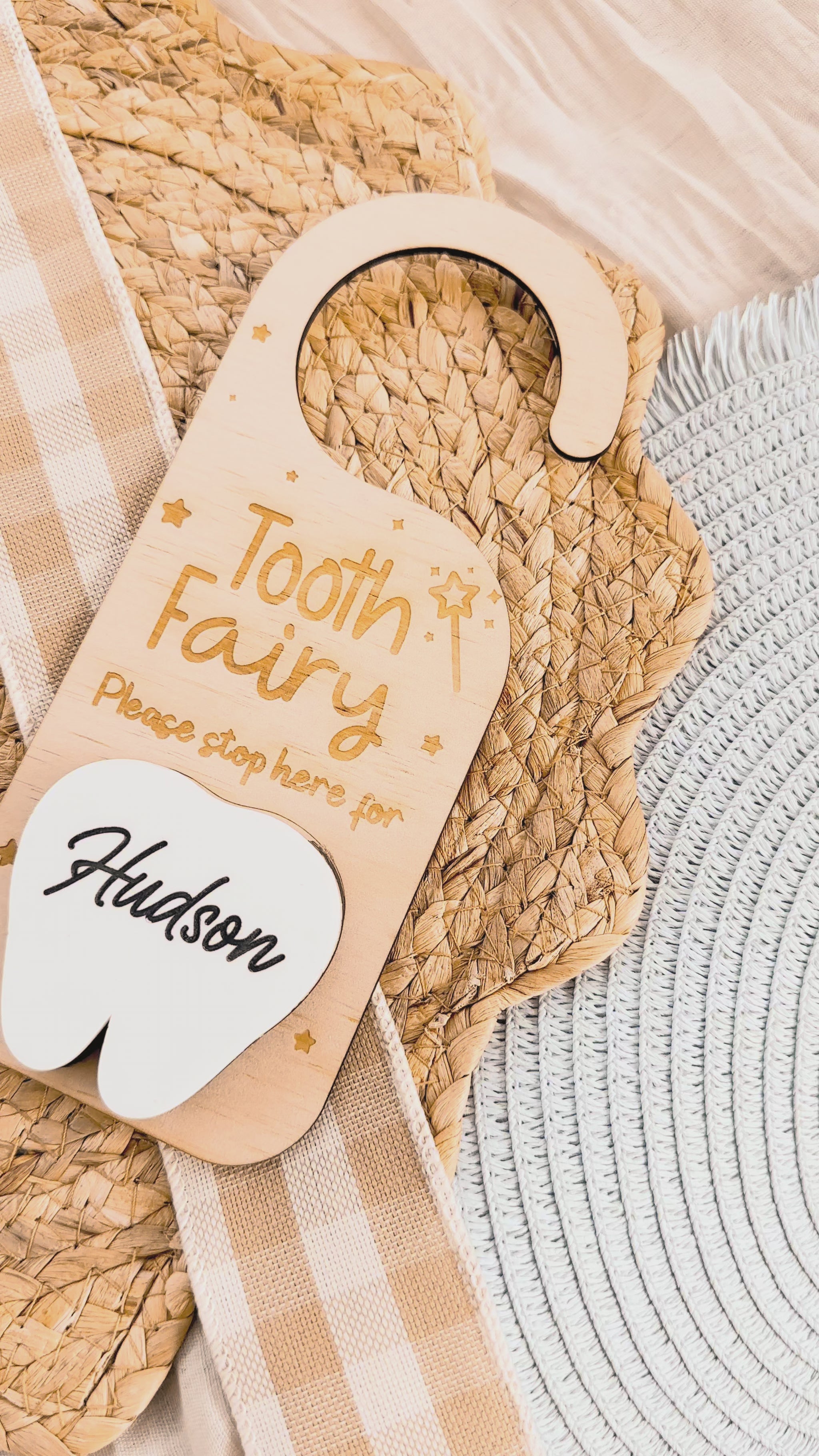 kids tooth fairy door hanger with dropbox for tooth and money, tooth fairy sign, please stop here, custom child keepsake, lost tooth, teeth, magical tooth fairy exchange, acrylic, wood, timber