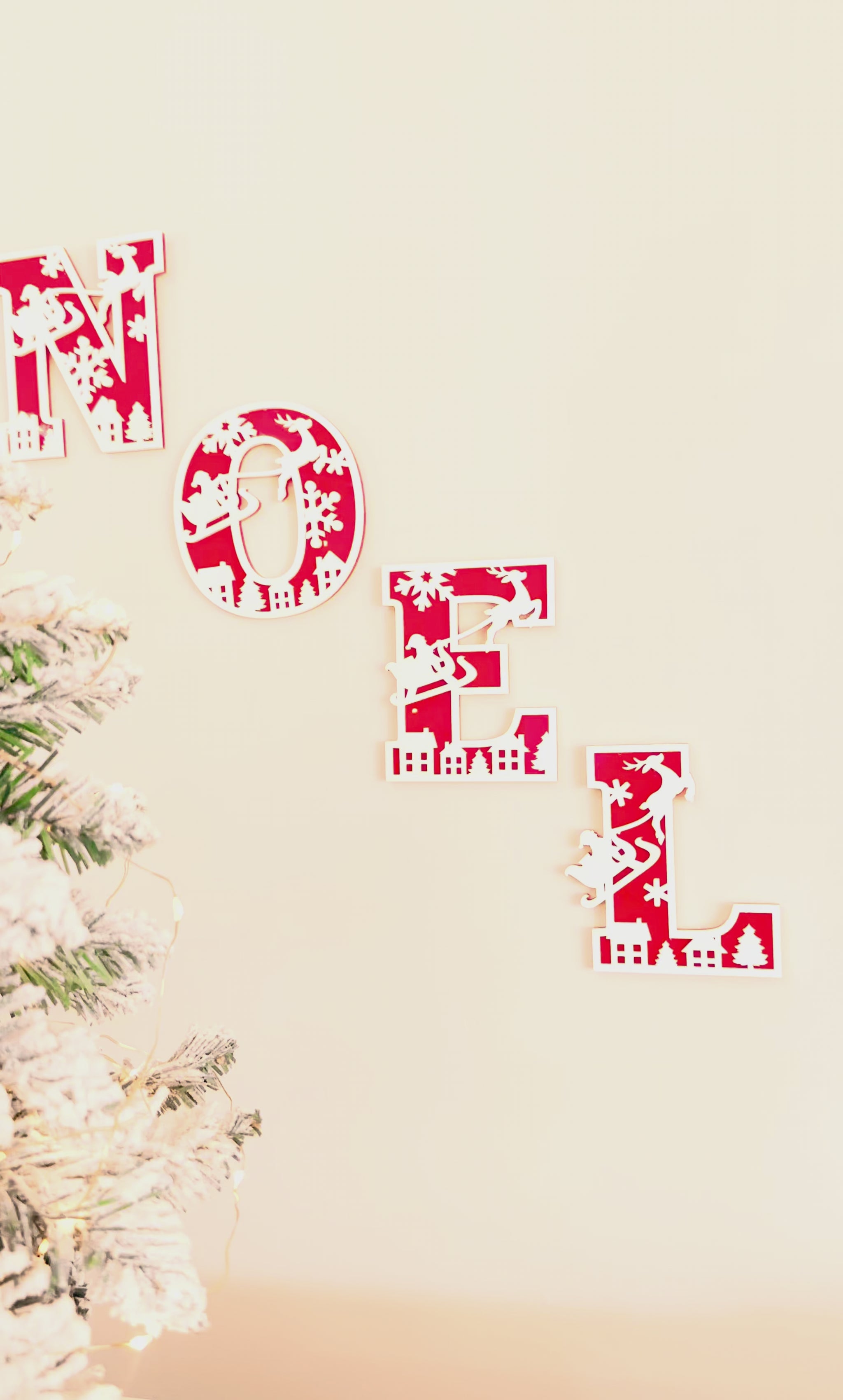 Christmas themed decorative wall letters with snowflake, reindeer and santa and his sleigh designs, 3D layered acrylic and wood letters alphabet for personalised custom name or phrase Christmas decor