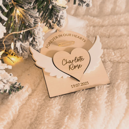 personalised memorial angel wing christmas ornament for christmas tree, mirror acrylic and wooden engraved custom ornament, angel wing and halo design, heart memorial ornament for lost loved ones in heaven, paw prints, lost pets
