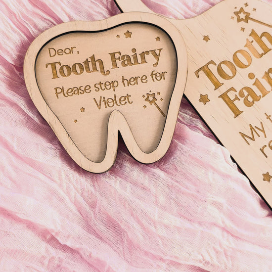 Tooth fairy door hanger sign for kids and tooth fairy trinket tray dish for lost tooth, personalised wooden engraved sign