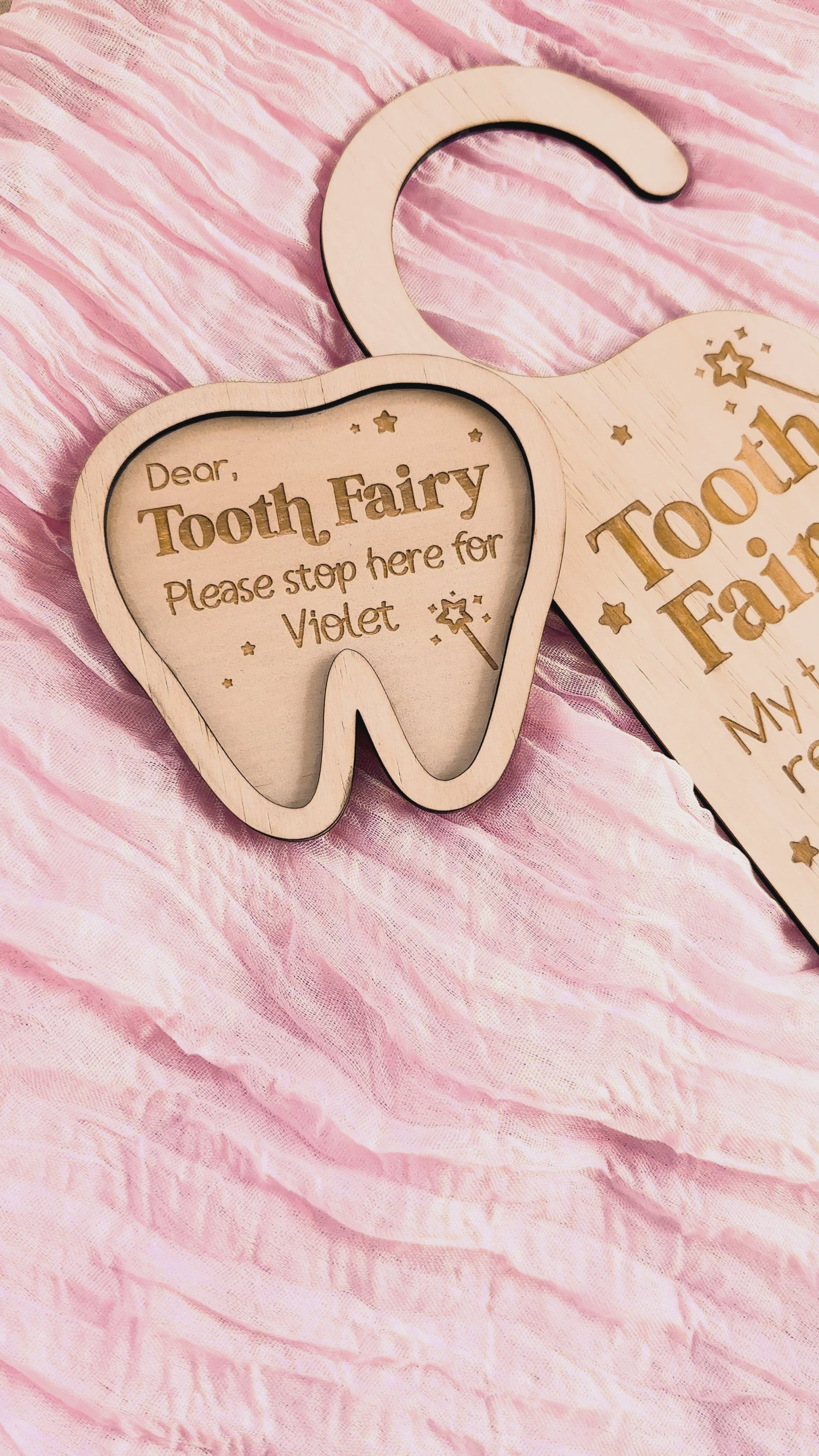 Tooth fairy door hanger sign for kids and tooth fairy trinket tray dish for lost tooth, personalised wooden engraved sign