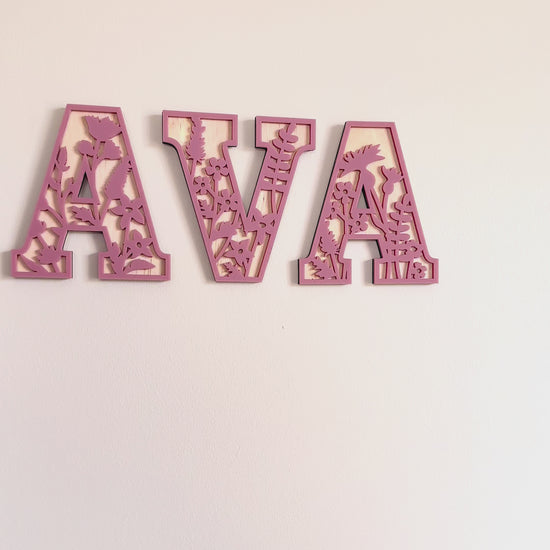 Girl's room decorative wall letters with wildflower floral flower theme, 3D layered acrylic and wood letters alphabet for personalised custom name